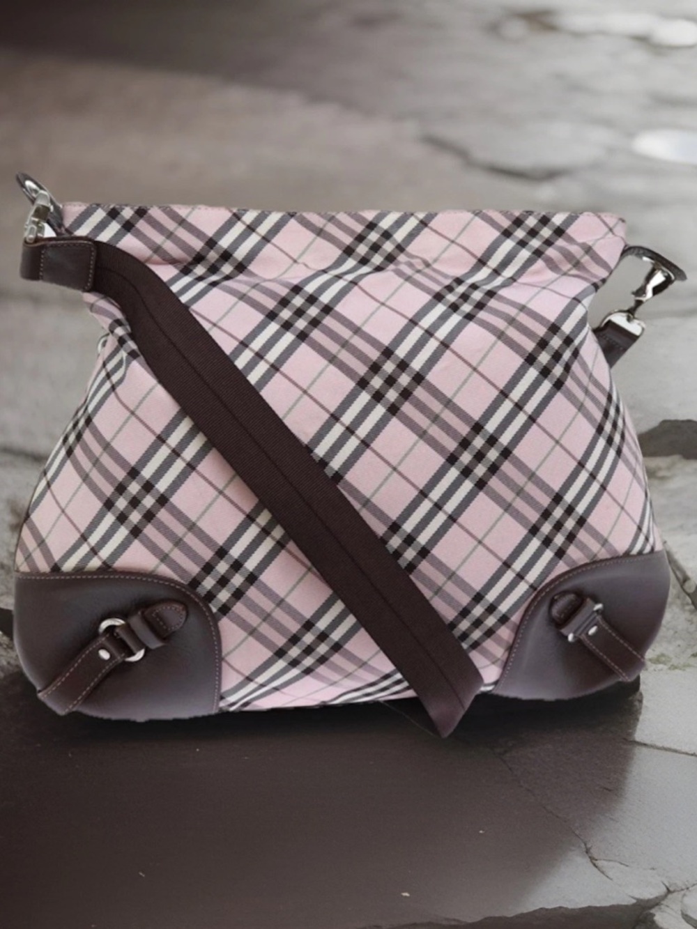 Vintage Burberry Blue Label Pink Nova Check Canvas Brown Leather Crossbody Bag - Picture 2 of 16
